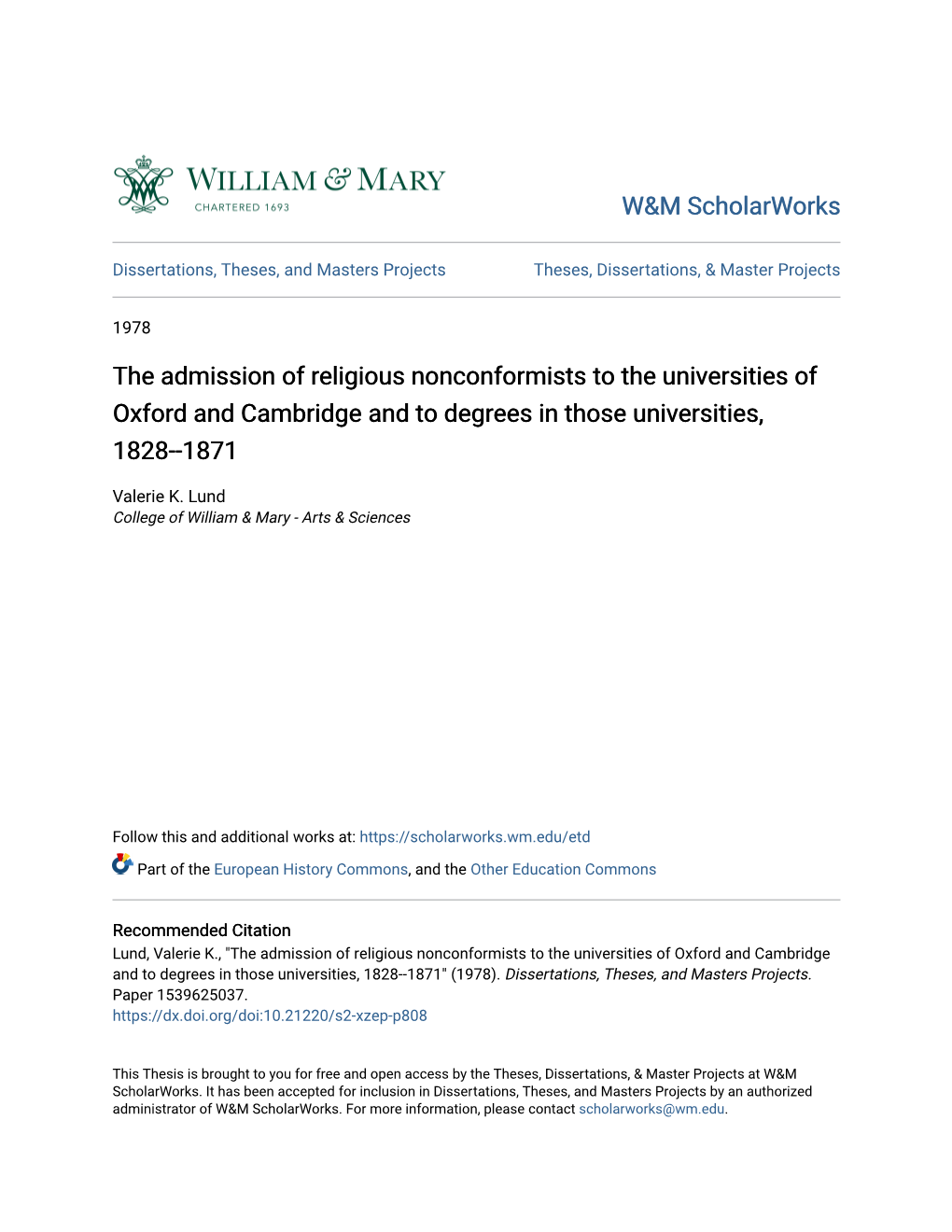 The Admission of Religious Nonconformists to the Universities of Oxford and Cambridge and to Degrees in Those Universities, 1828--1871