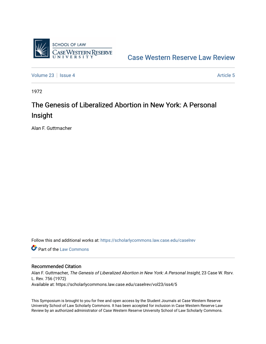 The Genesis of Liberalized Abortion in New York: a Personal Insight