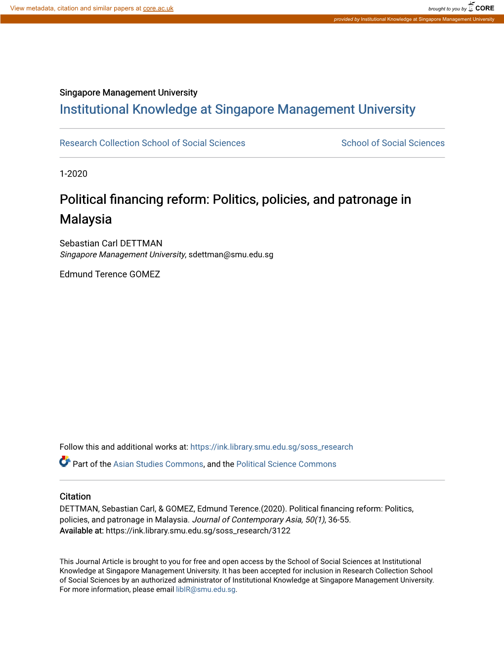 Political Financing Reform: Politics, Policies, and Patronage in Malaysia