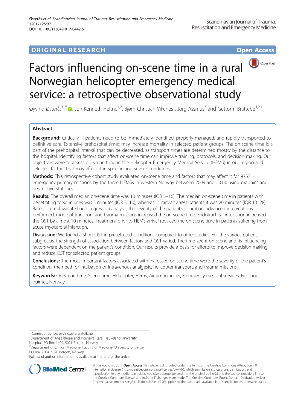 Factors Influencing On-Scene Time in a Rural Norwegian Helicopter Emergency Medical Service: a Retrospective Observational Study