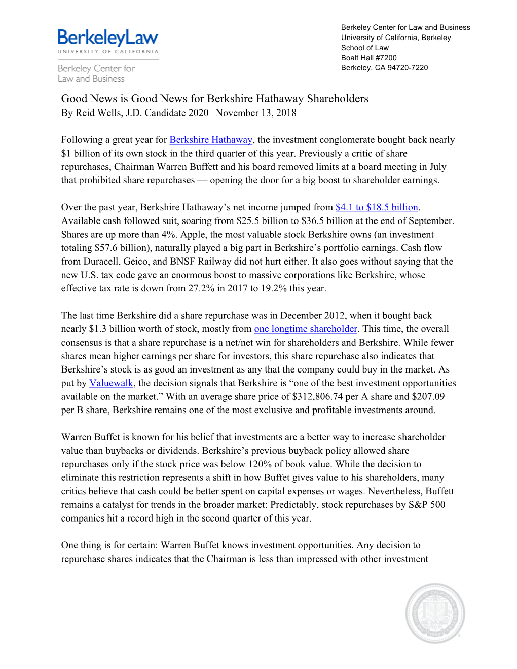 Good News Is Good News for Berkshire Hathaway Shareholders by Reid Wells, J.D