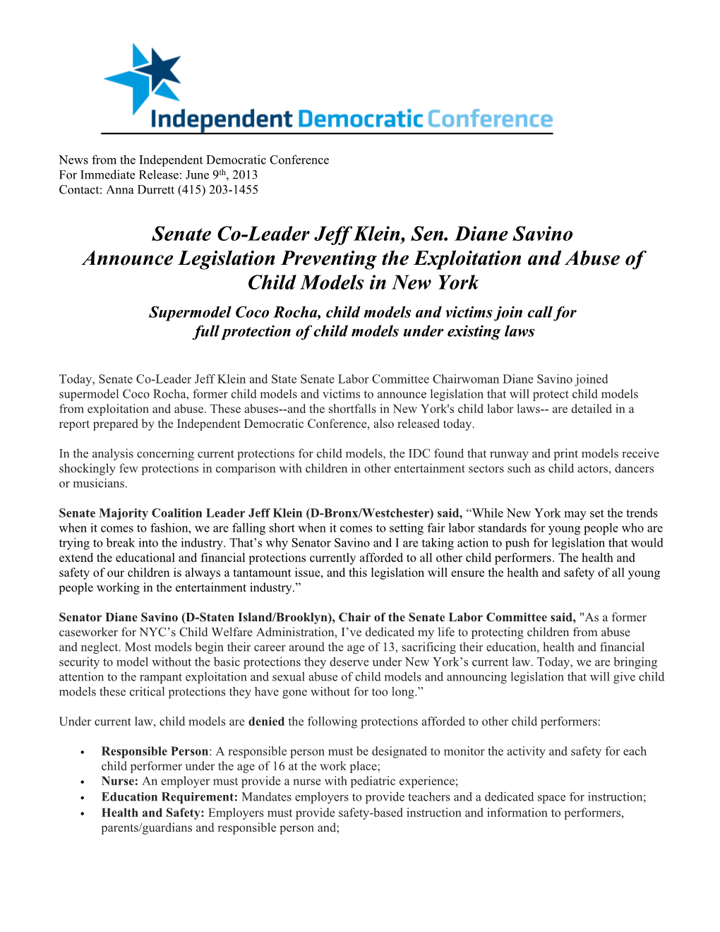 Senate Co-Leader Jeff Klein, Sen. Diane Savino Announce Legislation Preventing the Exploitation and Abuse of Child Models in New York