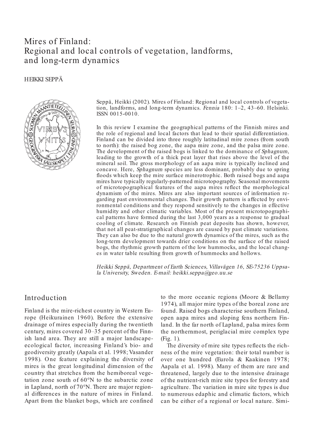 Mires of Finland: Regional and Local Controls of Vegetation, Landforms, and Long-Term Dynamics