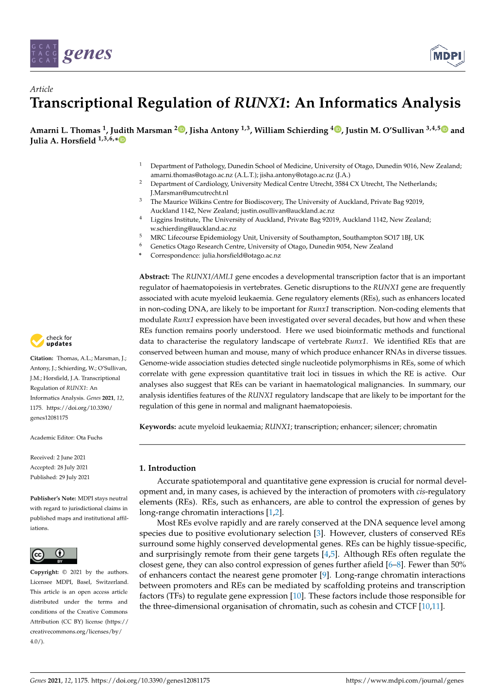 Transcriptional Regulation of RUNX1: an Informatics Analysis