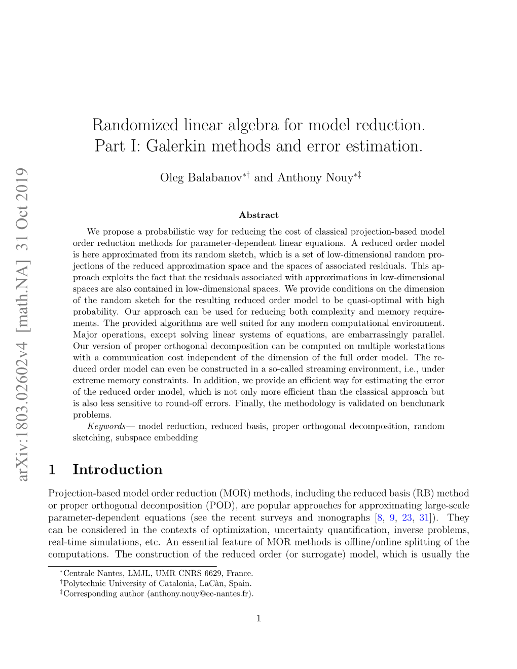 Randomized Linear Algebra for Model Reduction. Part I: Galerkin Methods and Error Estimation