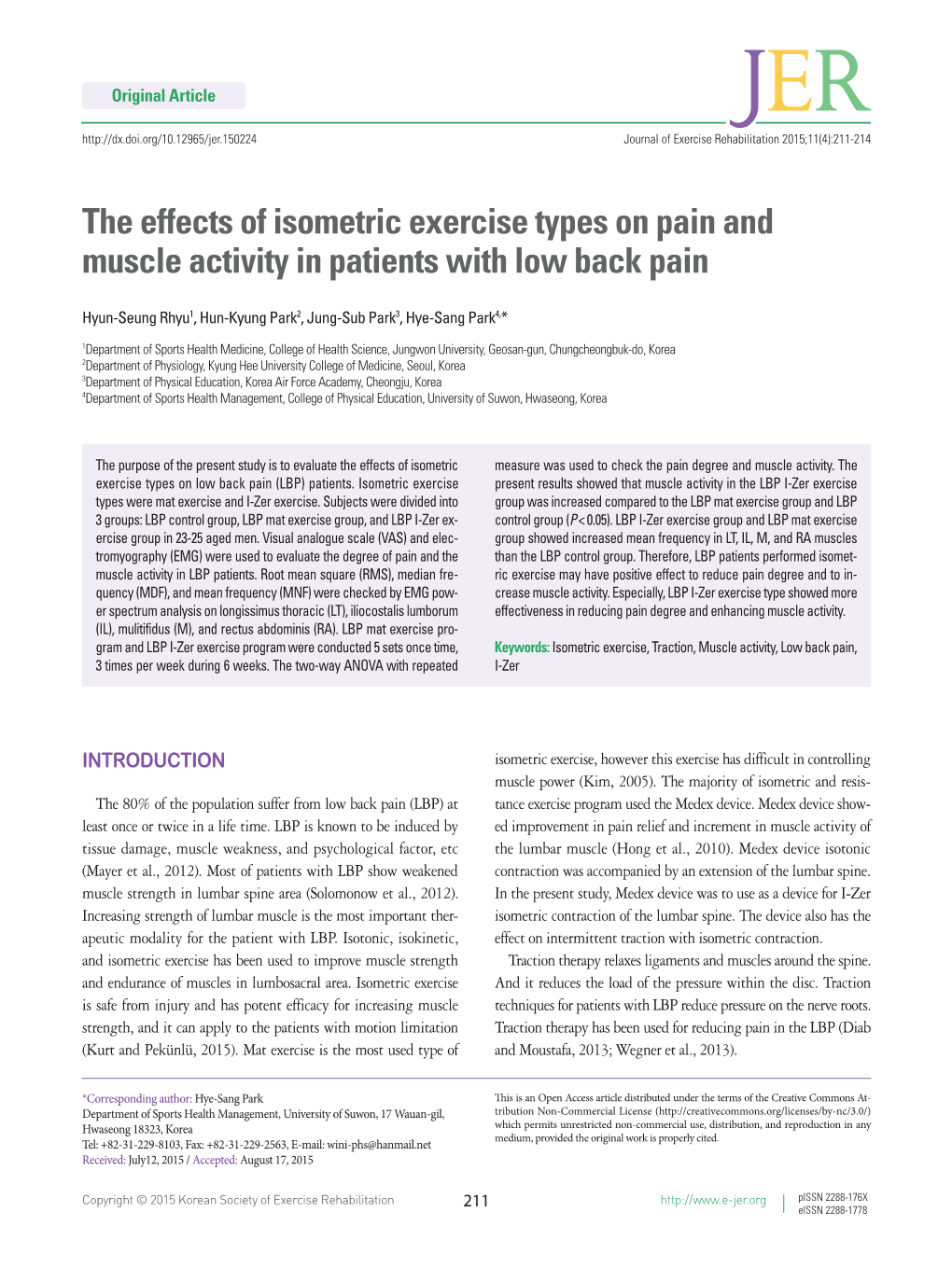 The Effects of Isometric Exercise Types on Pain and Muscle Activity in Patients with Low Back Pain