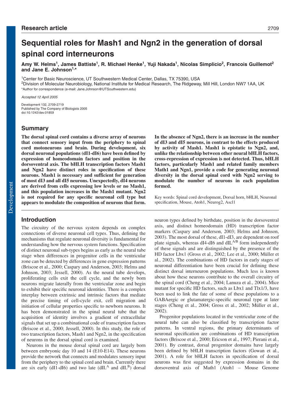 Sequential Roles for Mash1 and Ngn2 in the Generation of Dorsal Spinal Cord Interneurons Amy W