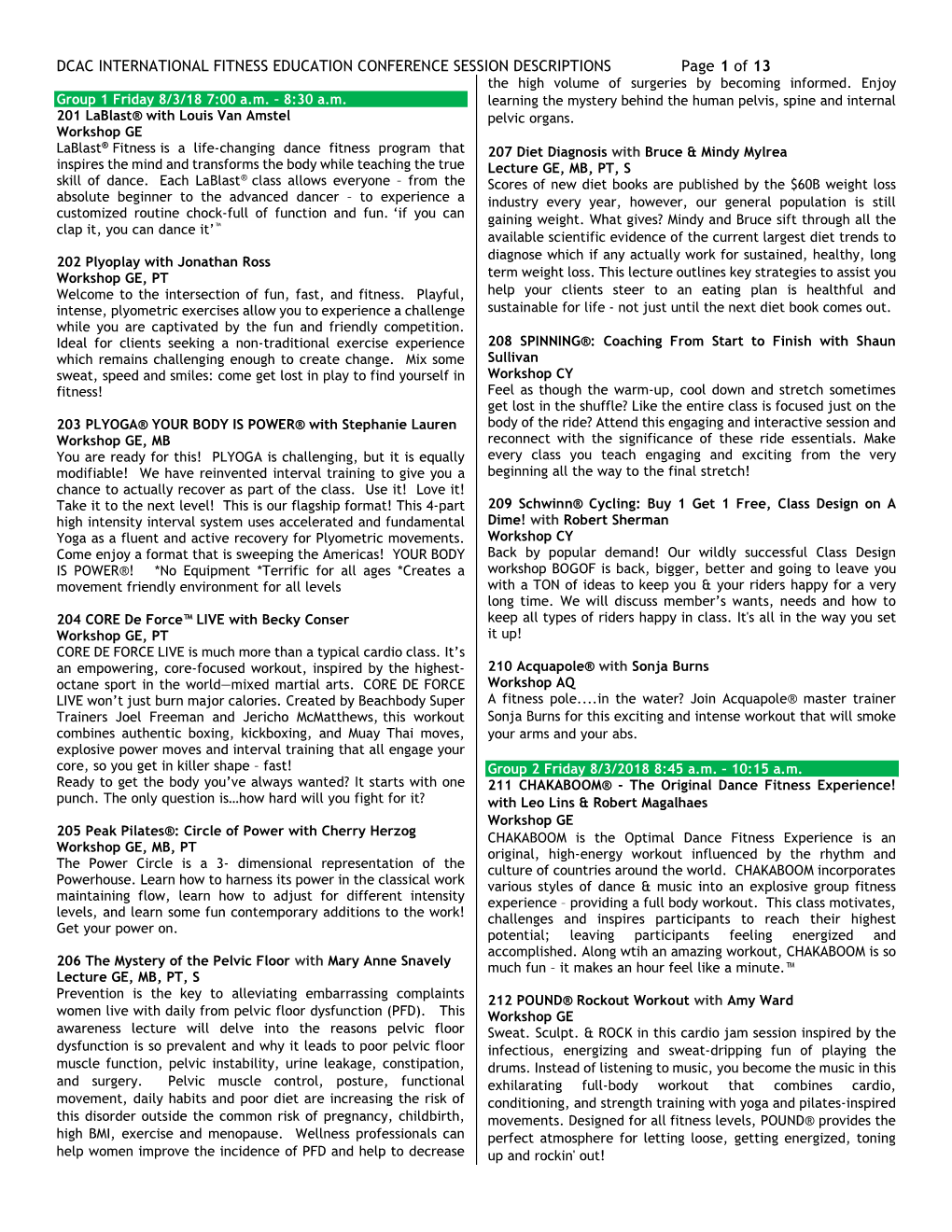 DCAC INTERNATIONAL FITNESS EDUCATION CONFERENCE SESSION DESCRIPTIONS Page 1 of 13 the High Volume of Surgeries by Becoming Informed