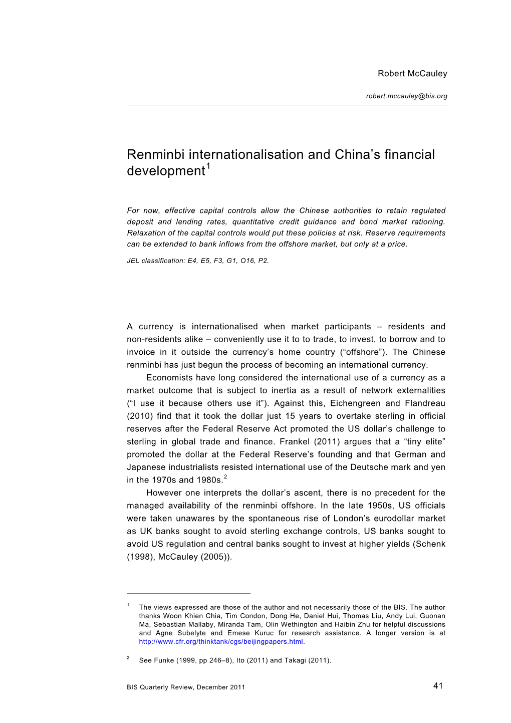 Renminbi Internationalisation and China's Financial Development