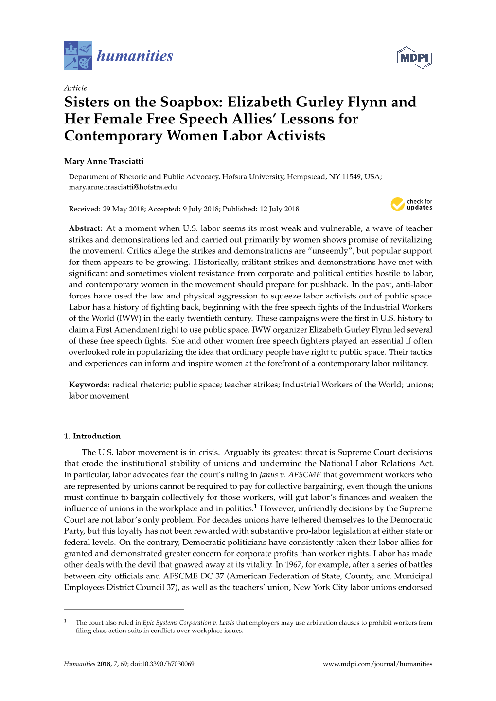 Sisters on the Soapbox: Elizabeth Gurley Flynn and Her Female Free Speech Allies’ Lessons for Contemporary Women Labor Activists