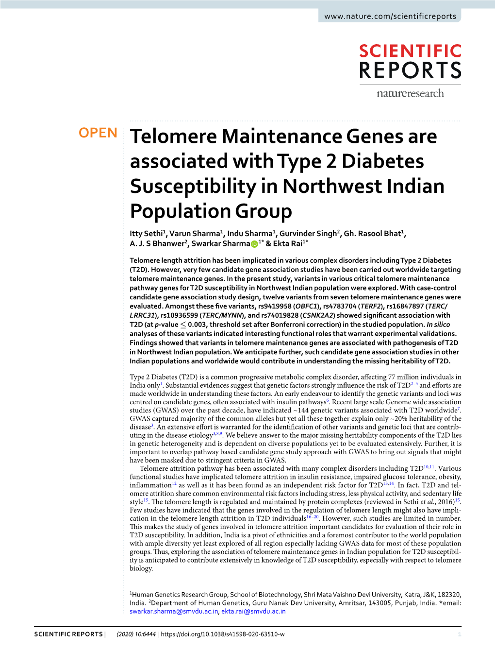 Telomere Maintenance Genes Are Associated with Type 2 Diabetes