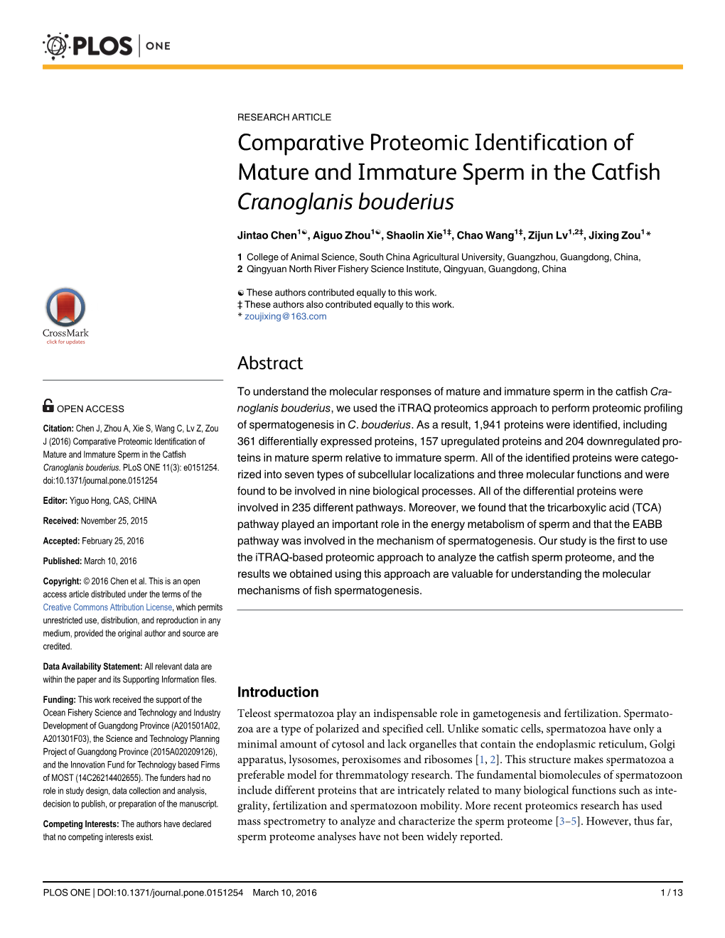 Comparative Proteomic Identification of Mature and Immature Sperm in the Catfish Cranoglanis Bouderius