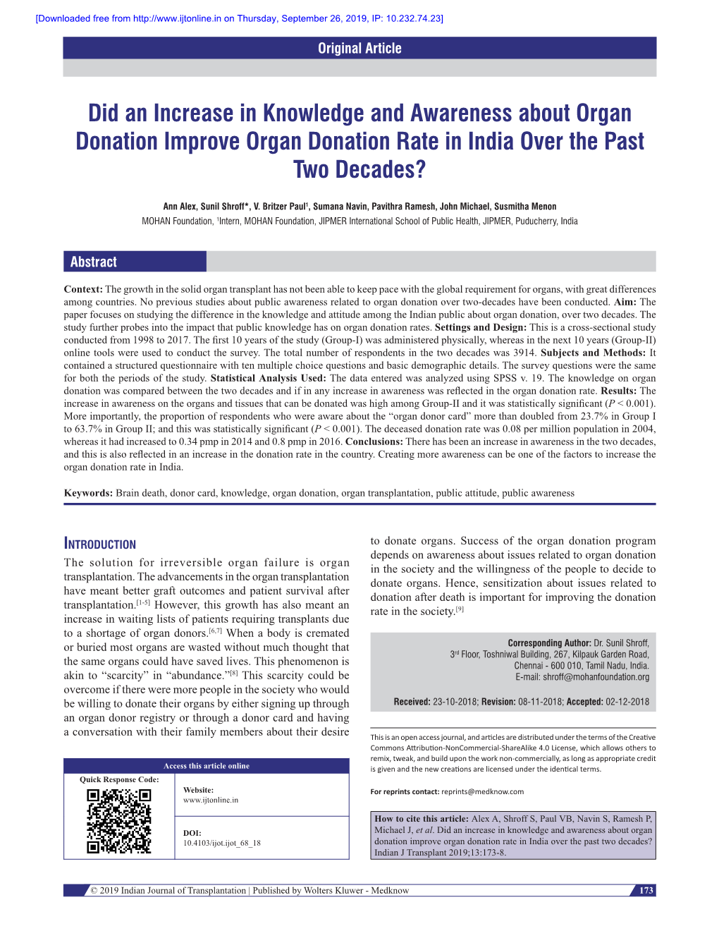 Did an Increase in Knowledge and Awareness About Organ Donation Improve Organ Donation Rate in India Over the Past Two Decades?