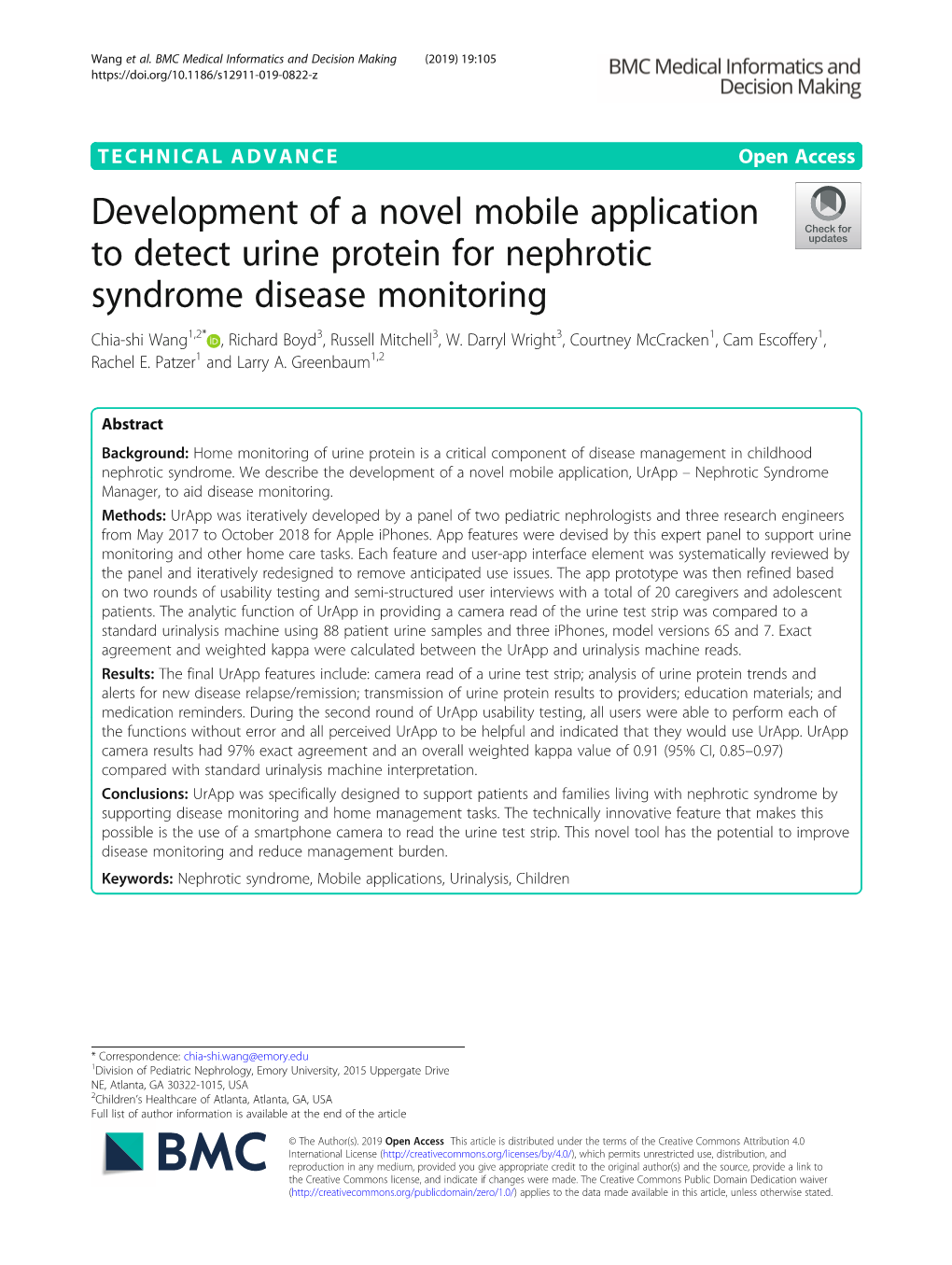 Development of a Novel Mobile Application to Detect Urine Protein for Nephrotic Syndrome Disease Monitoring Chia-Shi Wang1,2* , Richard Boyd3, Russell Mitchell3, W