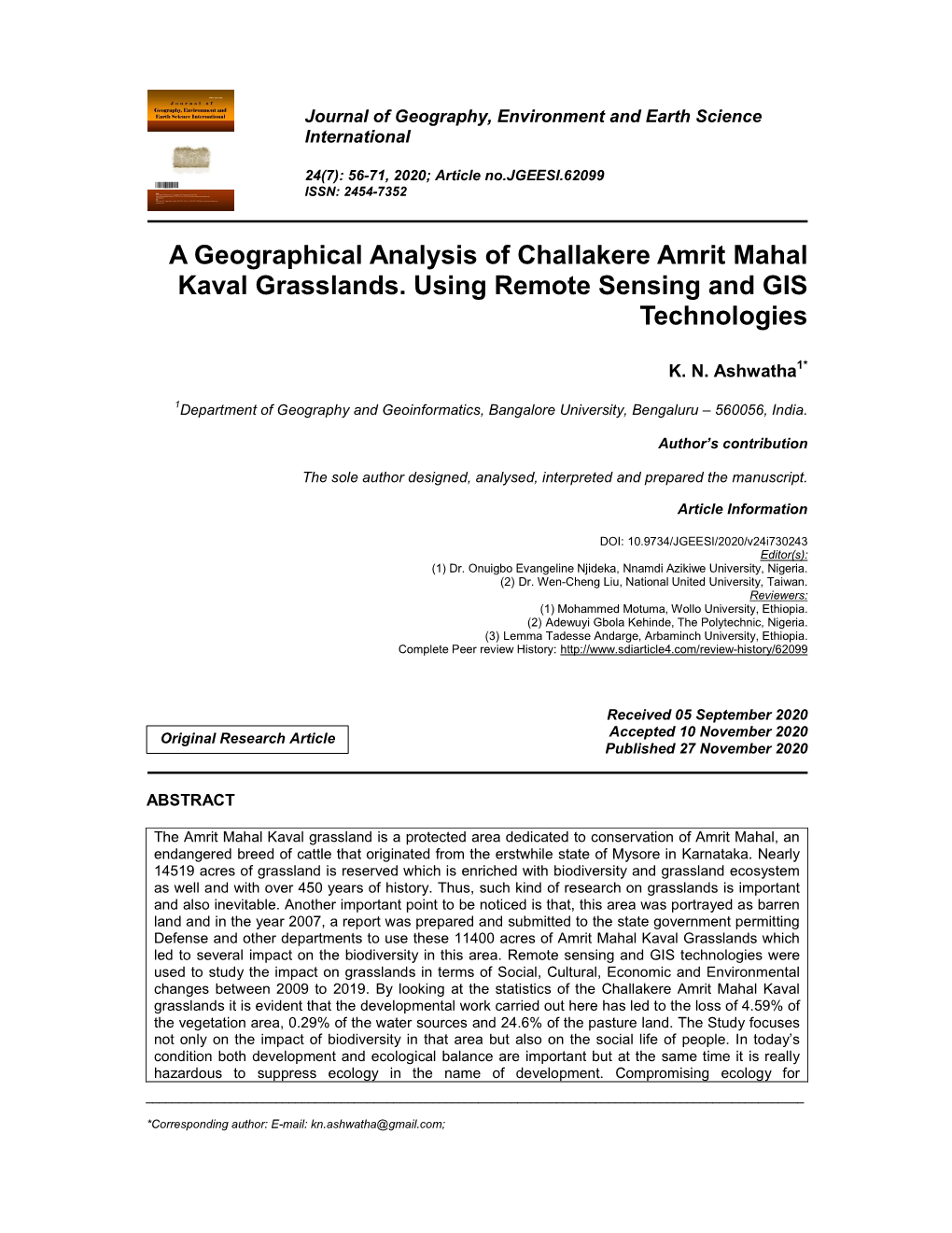 A Geographical Analysis of Challakere Amrit Mahal Kaval Grasslands