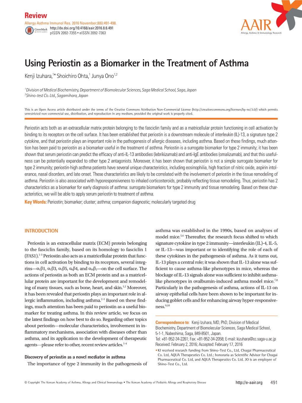 Using Periostin As a Biomarker in the Treatment of Asthma Kenji Izuhara,1* Shoichiro Ohta,1 Junya Ono1,2