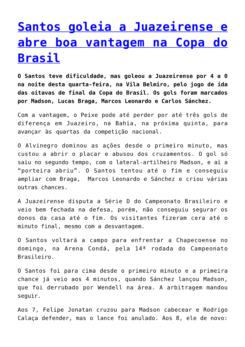 Santos Goleia a Juazeirense E Abre Boa Vantagem Na Copa Do Brasil