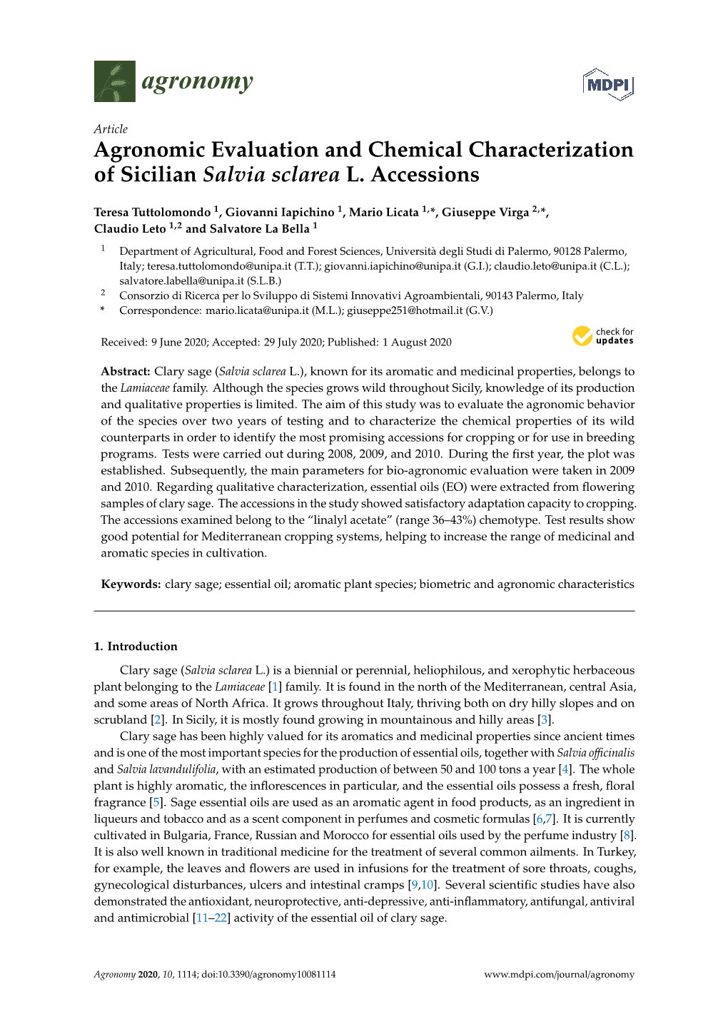 Agronomic Evaluation and Chemical Characterization of Sicilian Salvia Sclarea L