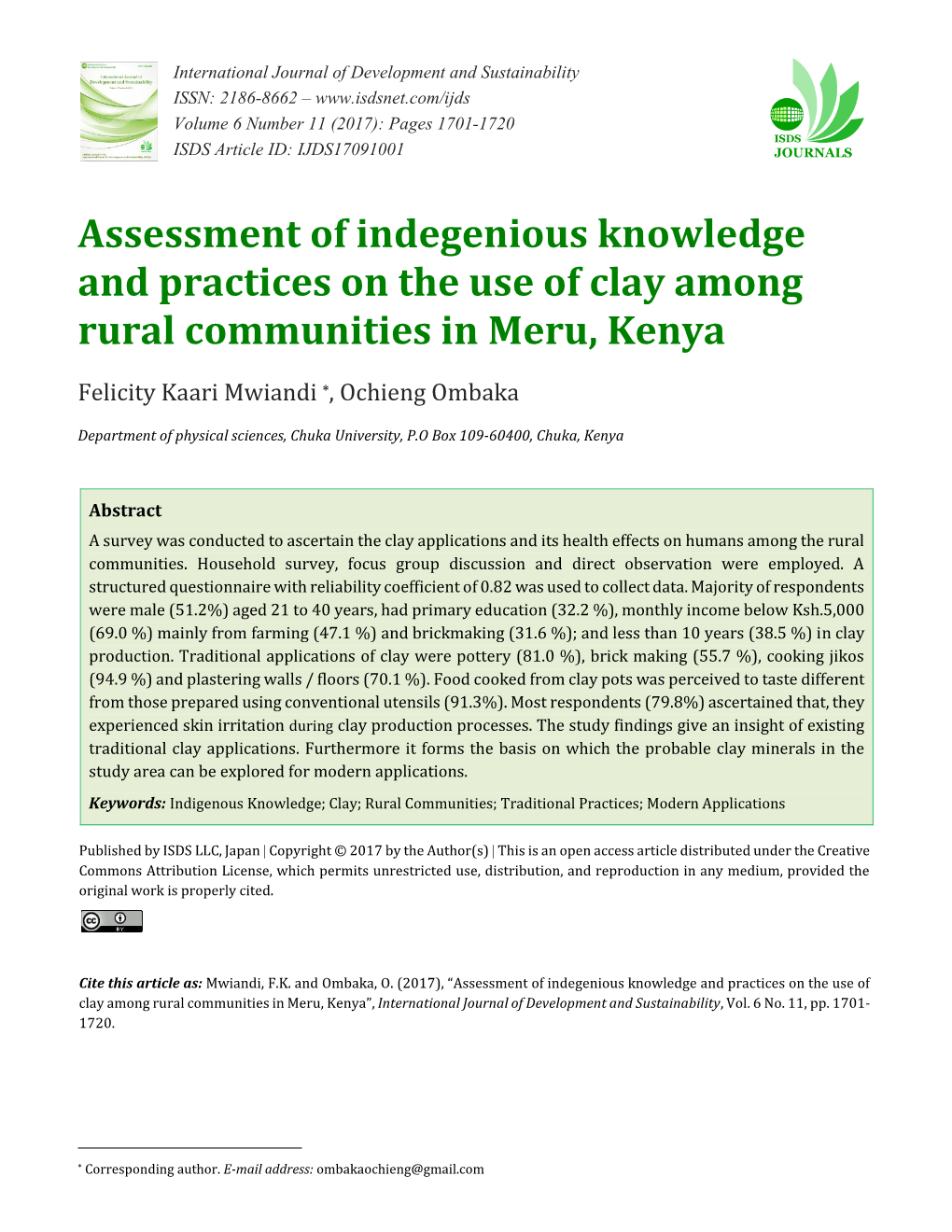 Assessment of Indegenious Knowledge and Practices on the Use of Clay Among Rural Communities in Meru, Kenya