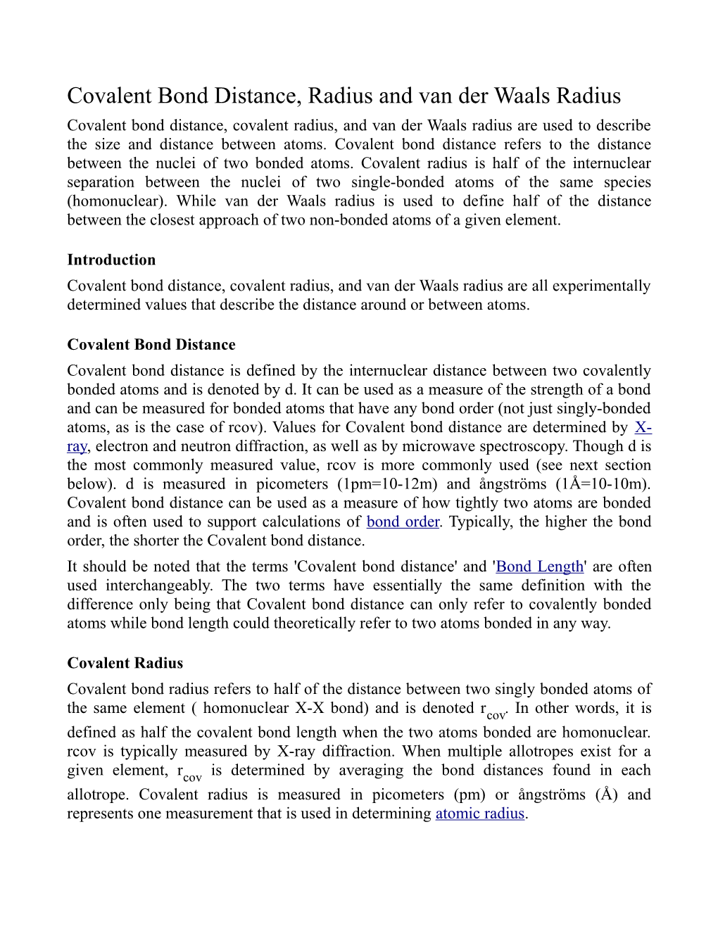 Covalent Bond Distance, Radius and Van Der Waals Radius