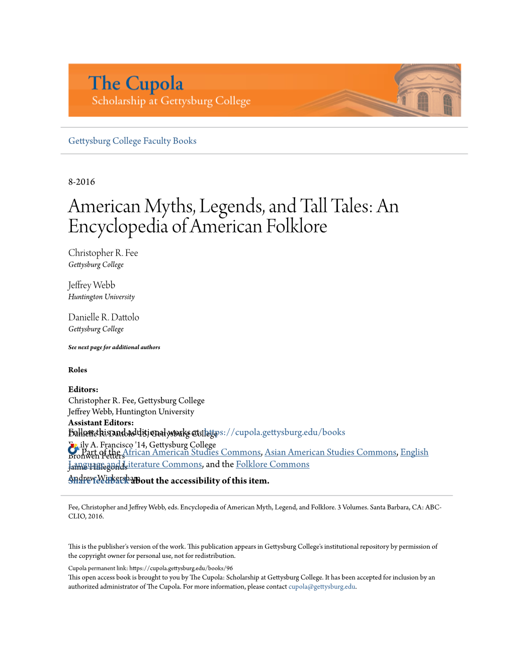 American Myths, Legends, and Tall Tales: an Encyclopedia of American Folklore Christopher R