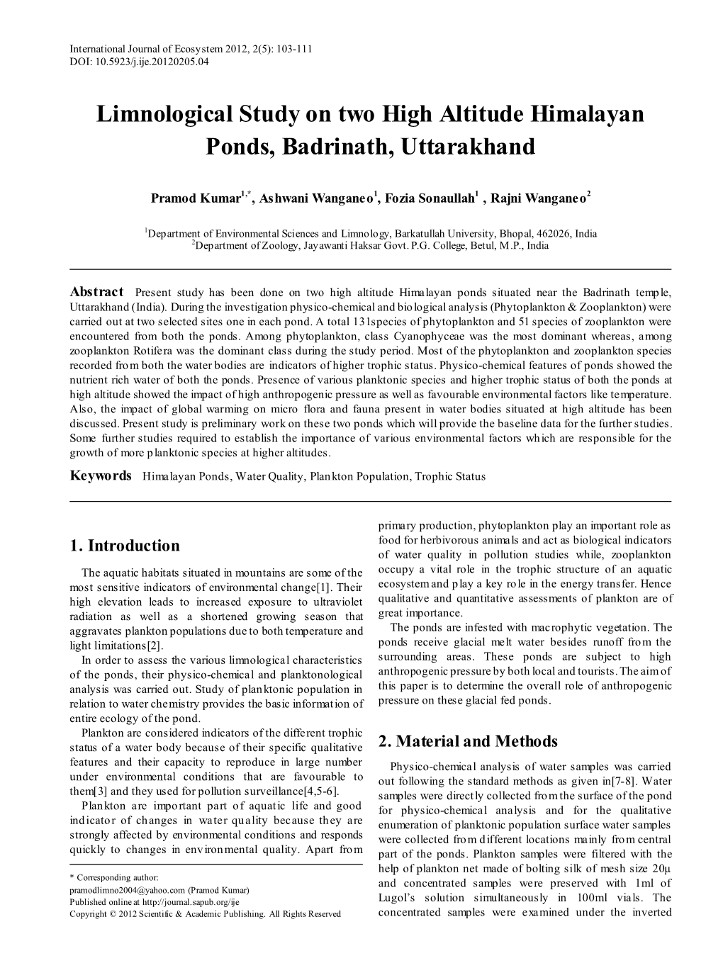 Limnological Study on Two High Altitude Himalayan Ponds, Badrinath, Uttarakhand