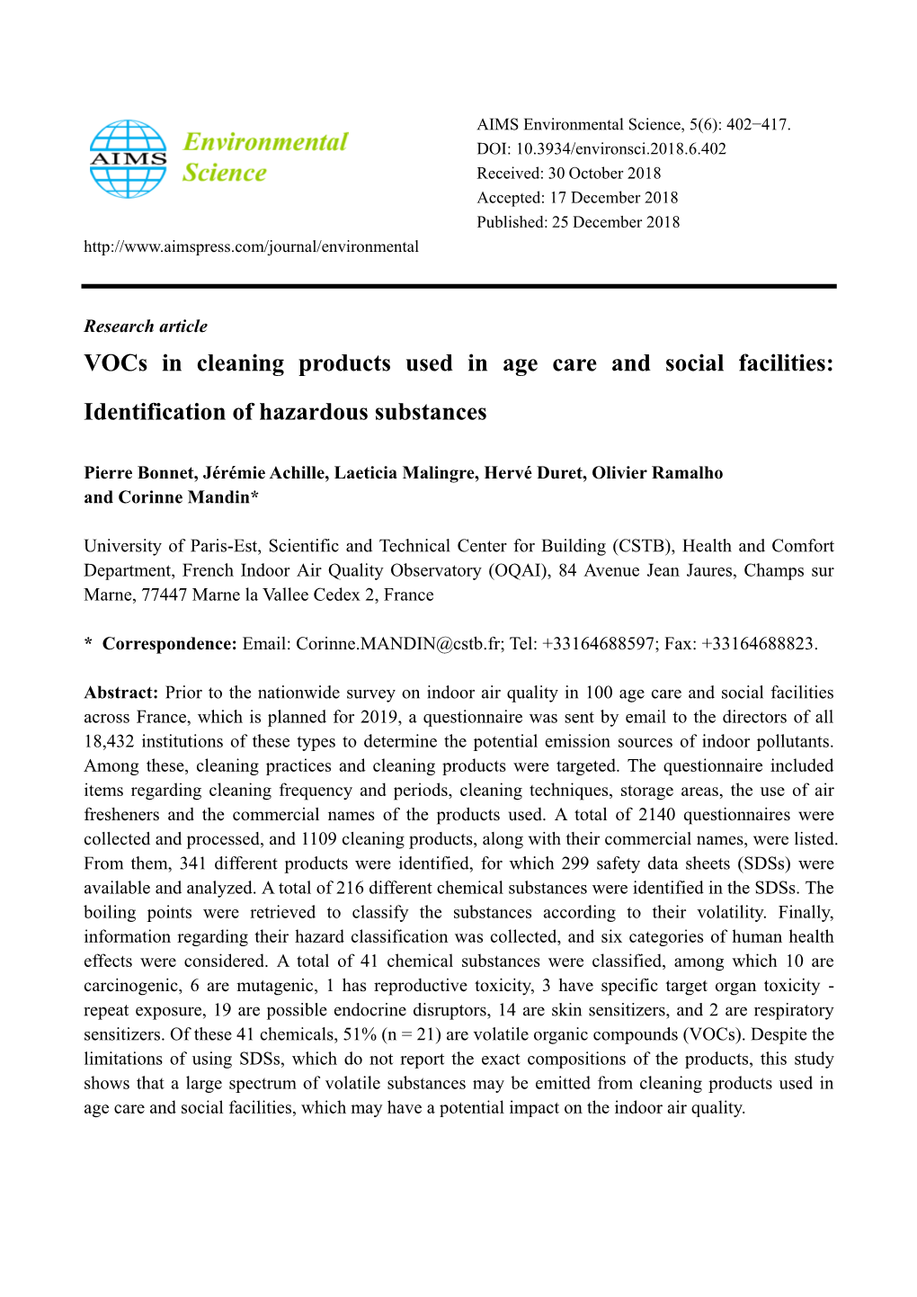 Vocs in Cleaning Products Used in Age Care and Social Facilities: Identification of Hazardous Substances