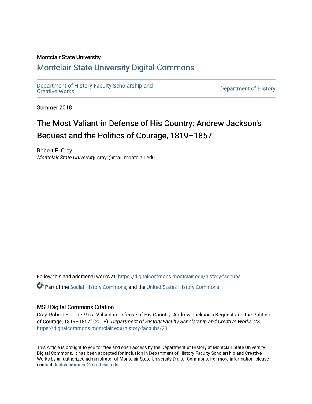 The Most Valiant in Defense of His Country: Andrew Jackson's Bequest and the Politics of Courage, 1819–1857