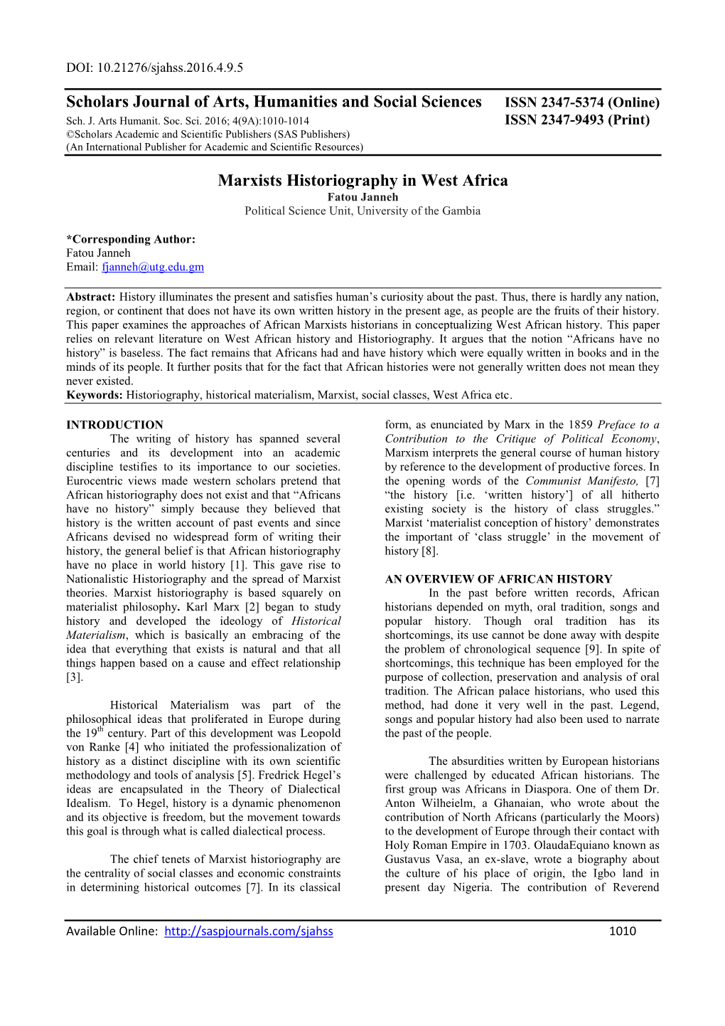 Marxists Historiography in West Africa Fatou Janneh Political Science Unit, University of the Gambia