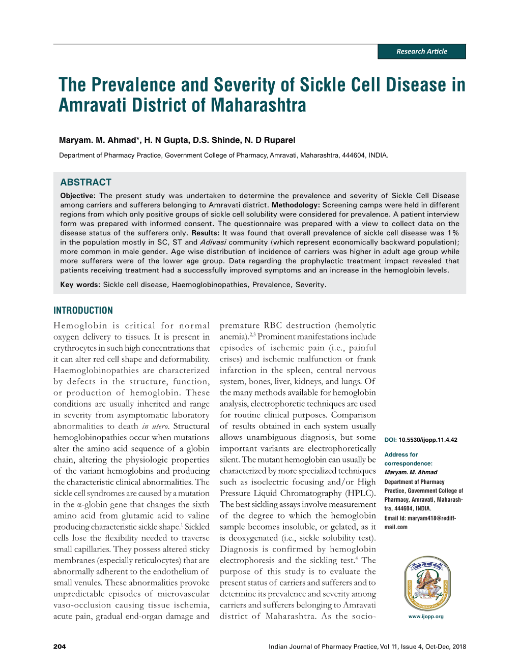 The Prevalence and Severity of Sickle Cell Disease in Amravati District of Maharashtra