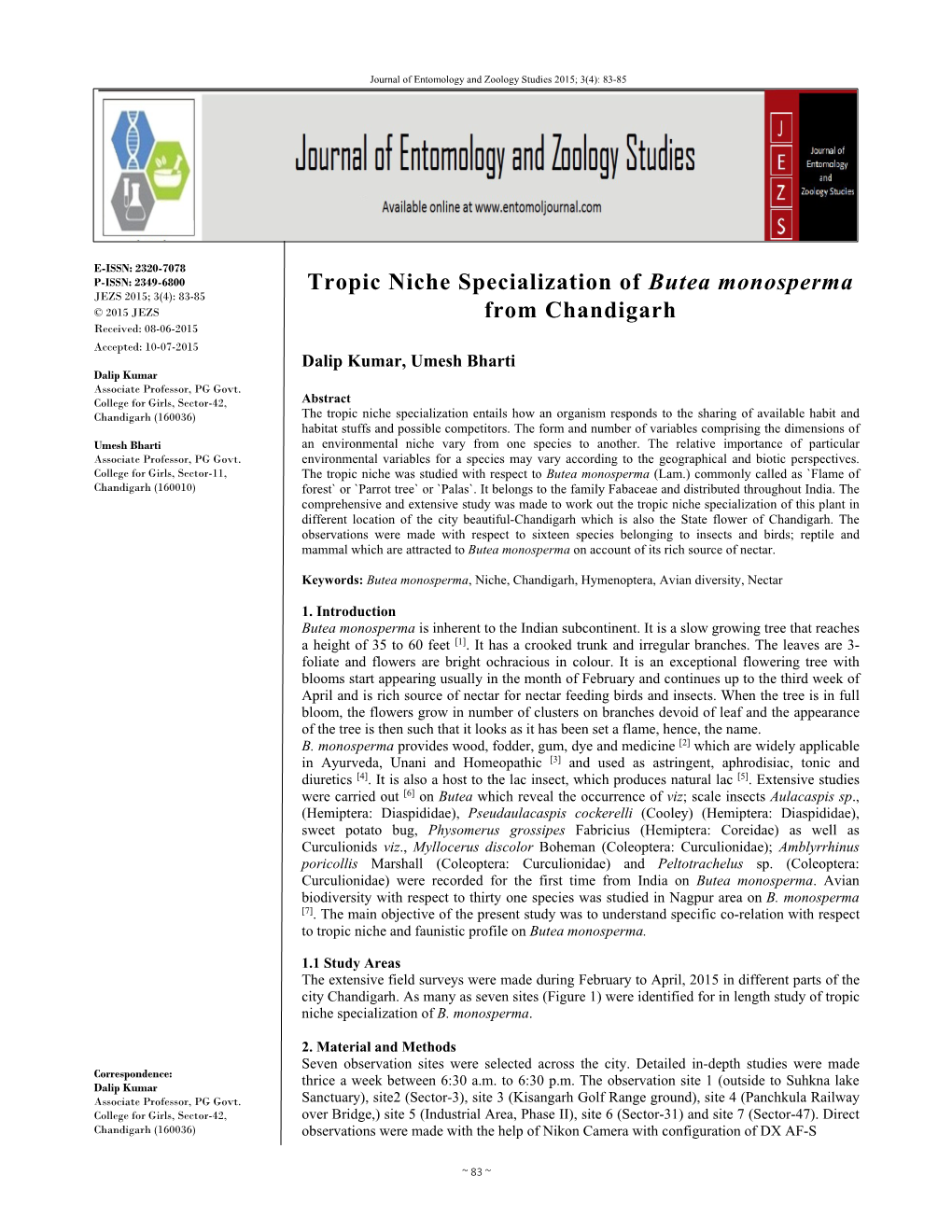 Tropic Niche Specialization of Butea Monosperma from Chandigarh