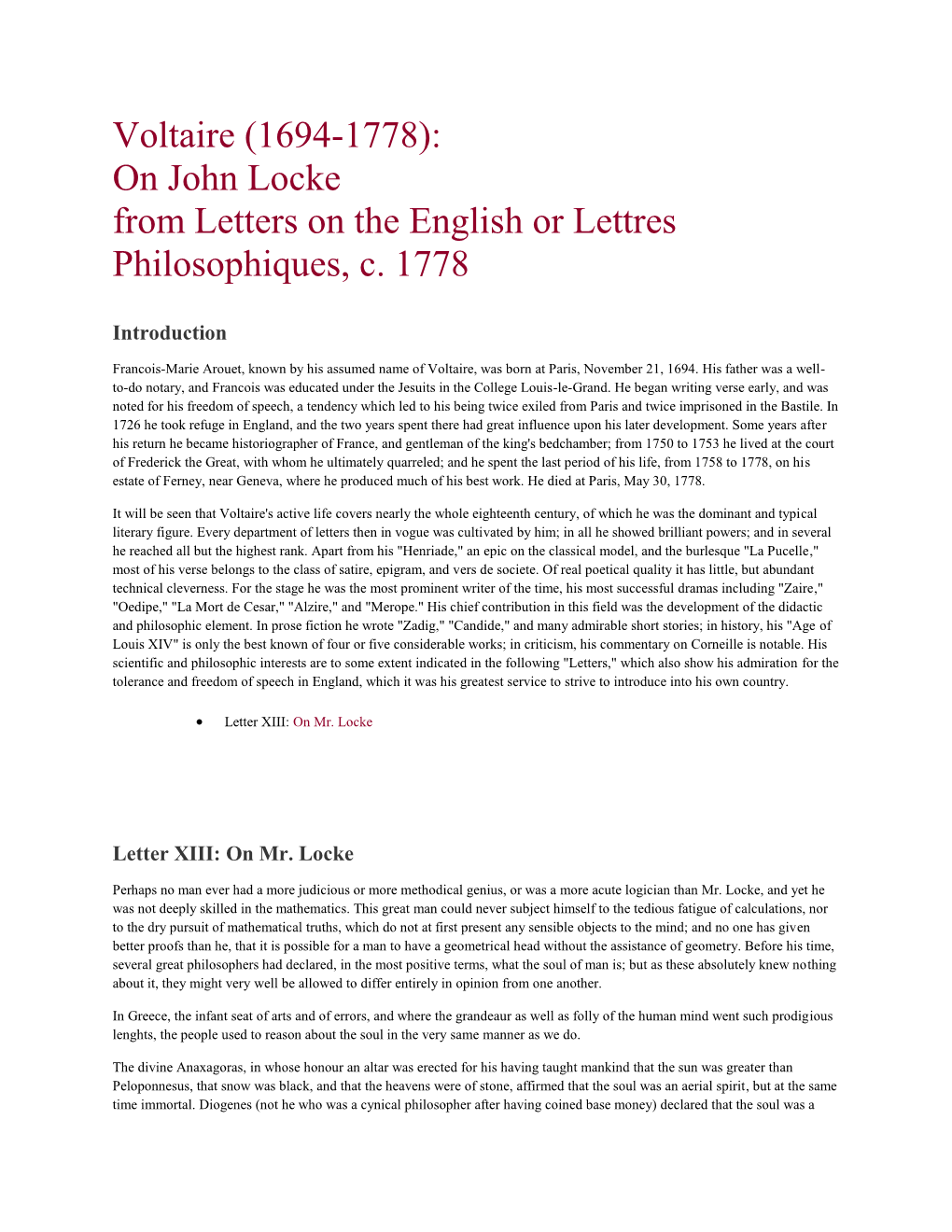 Voltaire (1694-1778): on John Locke from Letters on the English Or Lettres Philosophiques, C