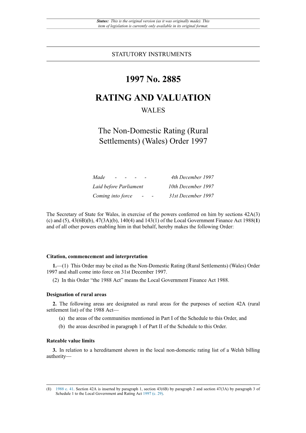 The Non-Domestic Rating (Rural Settlements) (Wales) Order 1997