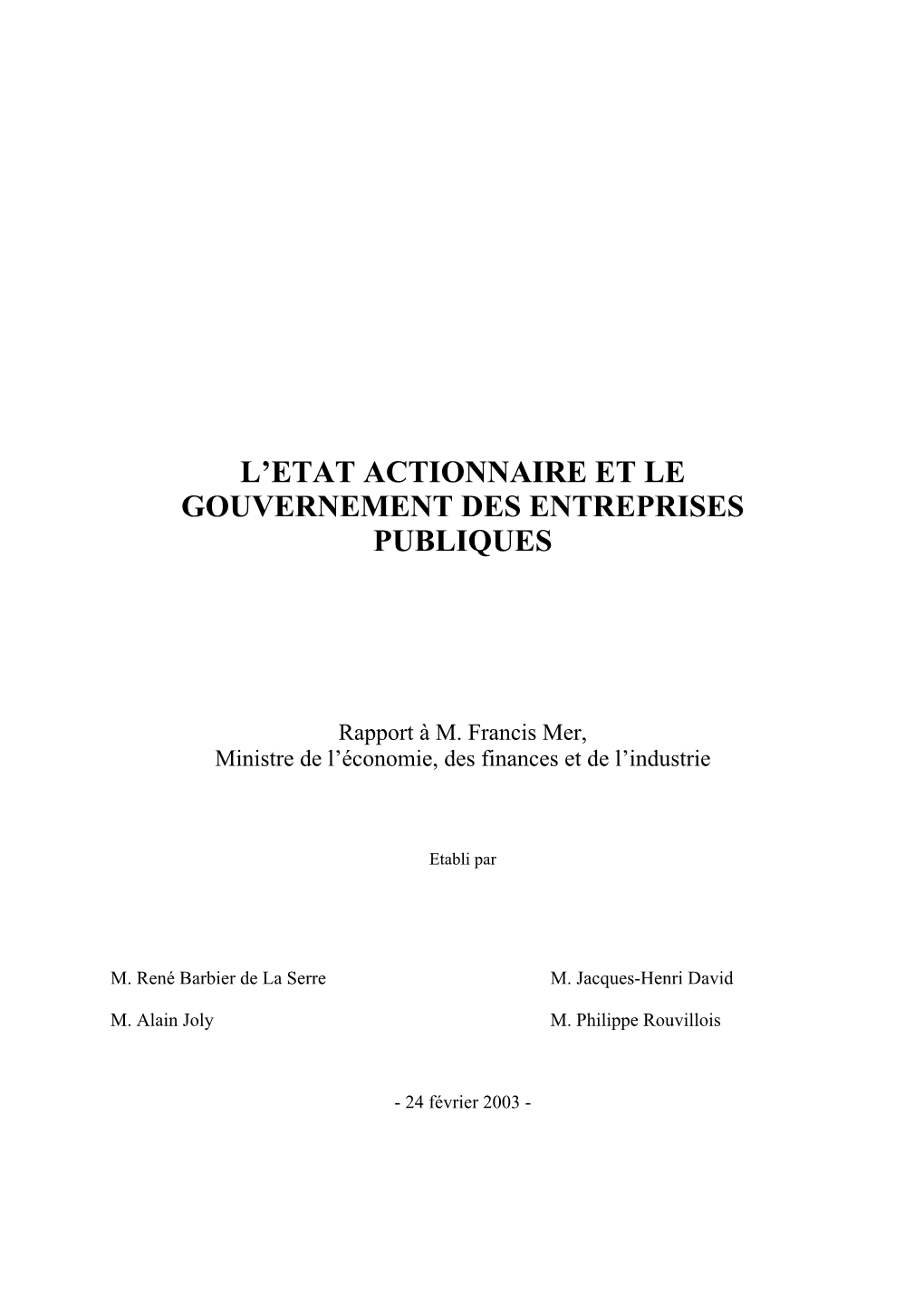 L'etat Actionnaire Et Le Gouvernement Des Entreprises