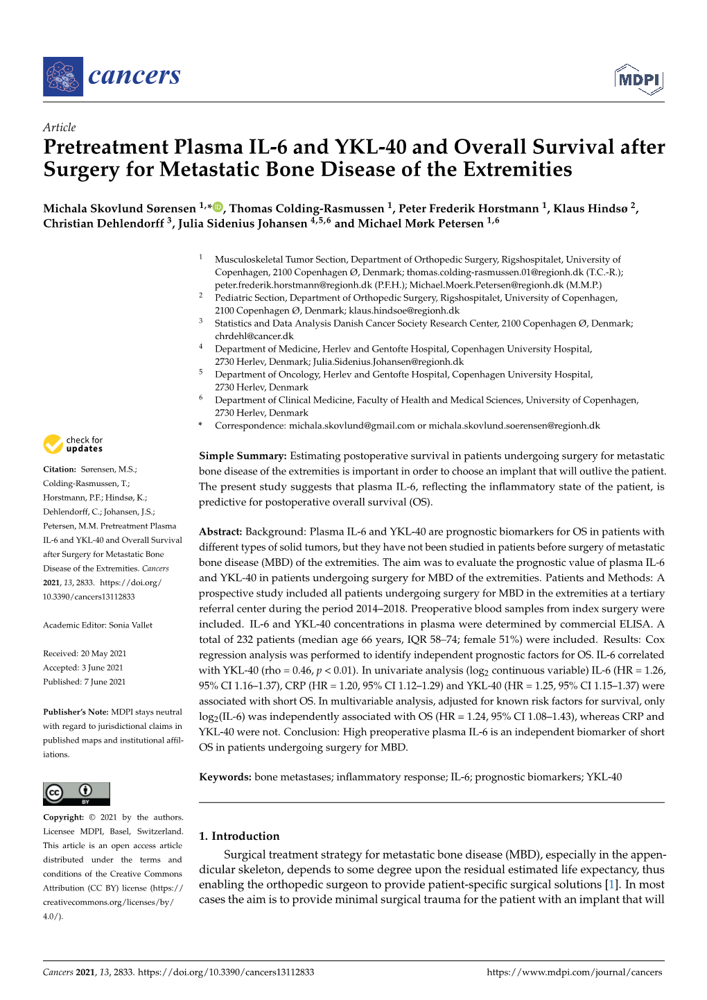 Pretreatment Plasma IL-6 and YKL-40 and Overall Survival After Surgery for Metastatic Bone Disease of the Extremities