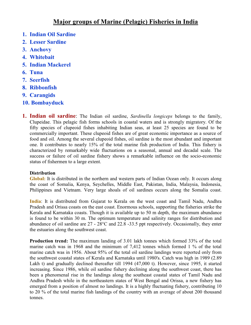 Major Groups of Marine (Pelagic) Fisheries in India