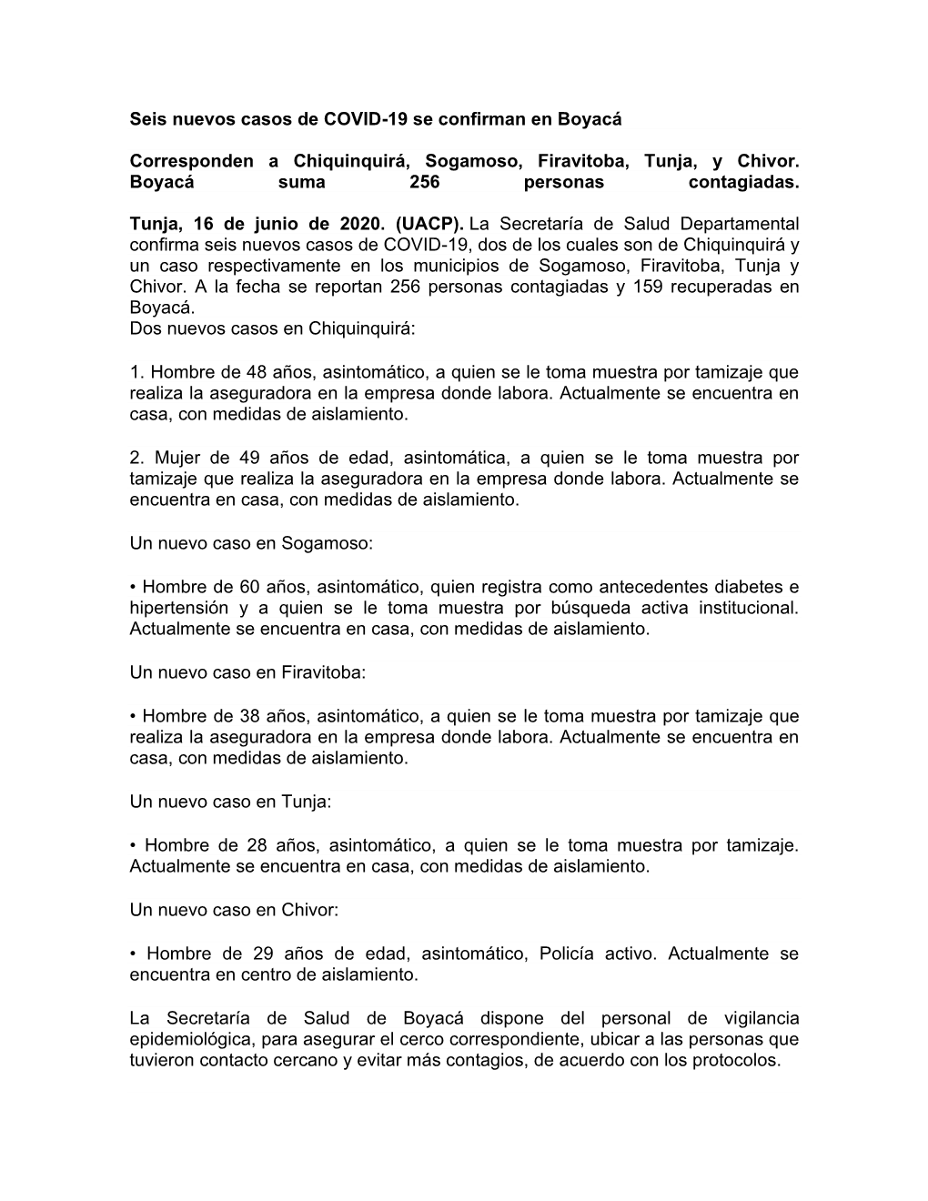 Seis Nuevos Casos De COVID-19 Se Confirman En Boyacá