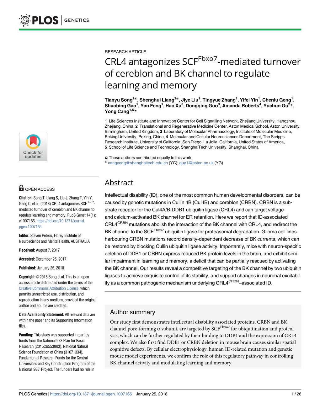 CRL4 Antagonizes Scffbxo7-Mediated Turnover of Cereblon and BK Channel to Regulate Learning and Memory