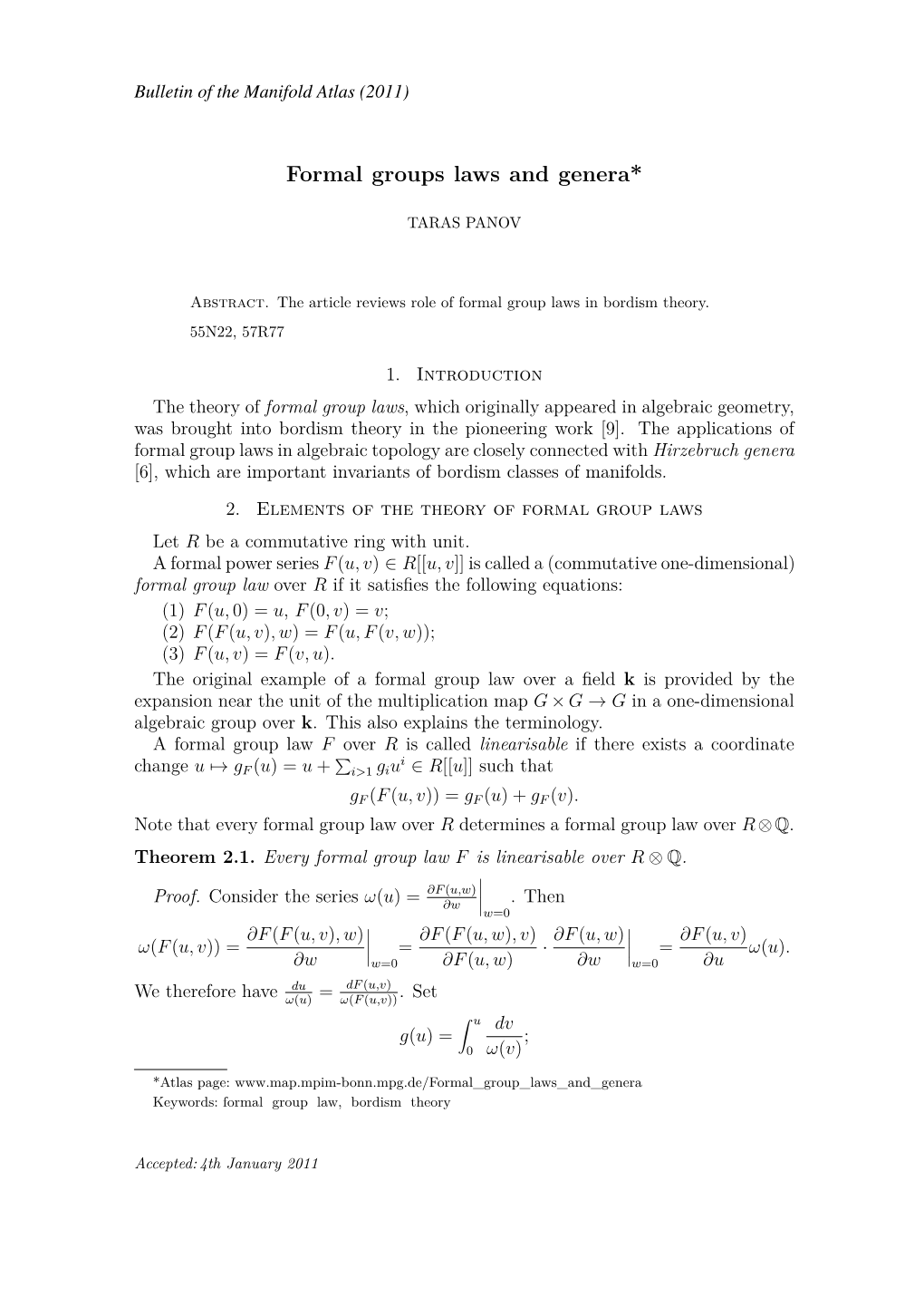 Formal Groups Laws and Genera*