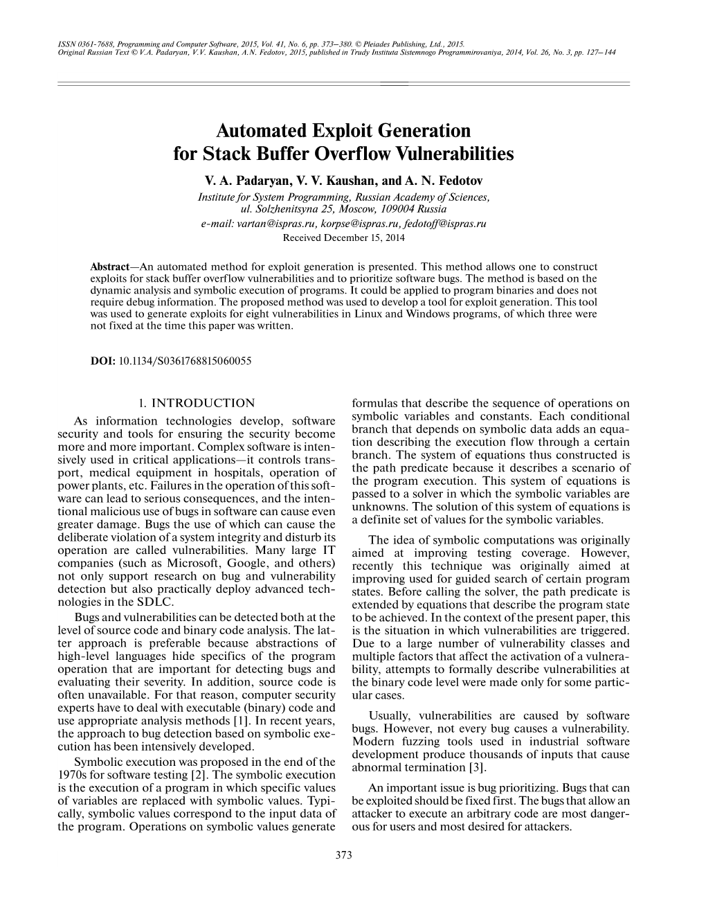 Automated Exploit Generation for Stack Buffer Overflow Vulnerabilities V