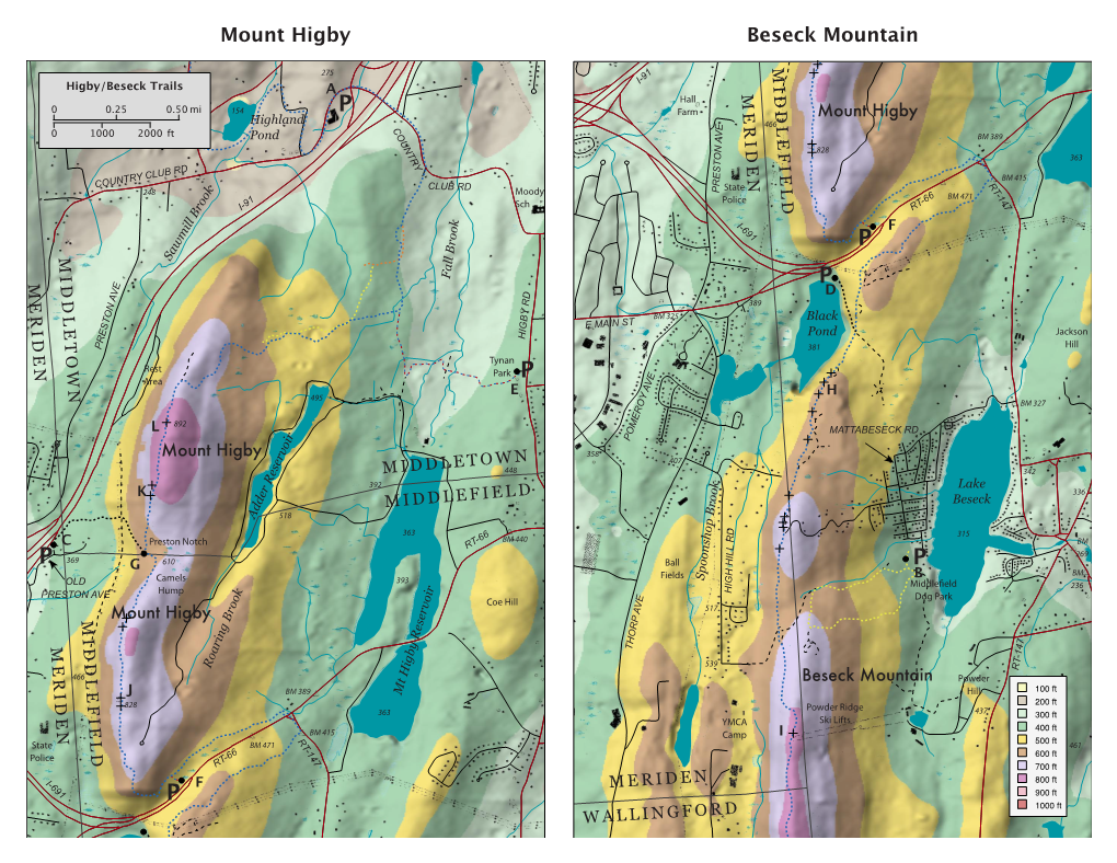 Mount Higby and Beseck Mountain Form the Ridge Line Unblazed Major Trail Along the Eastern Edge of Meriden, East of I-91