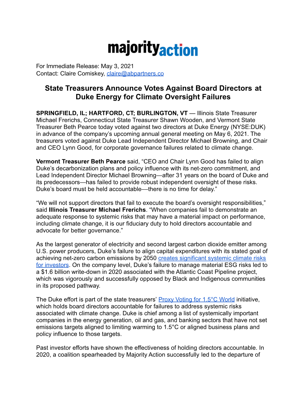 State Treasurers Announce Votes Against Board Directors at Duke Energy for Climate Oversight Failures