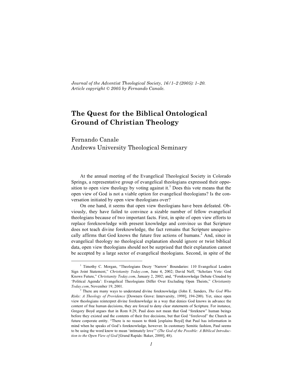 The Quest for the Biblical Ontological Ground of Christian Theology