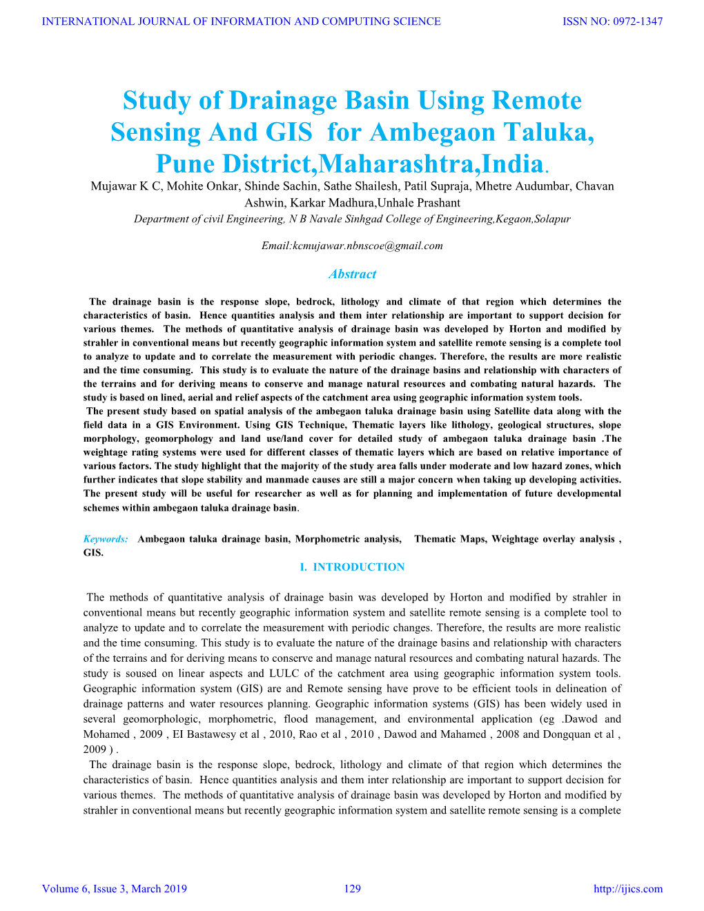 Study of Drainage Basin Using Remote Sensing and GIS for Ambegaon Taluka, Pune District,Maharashtra,India