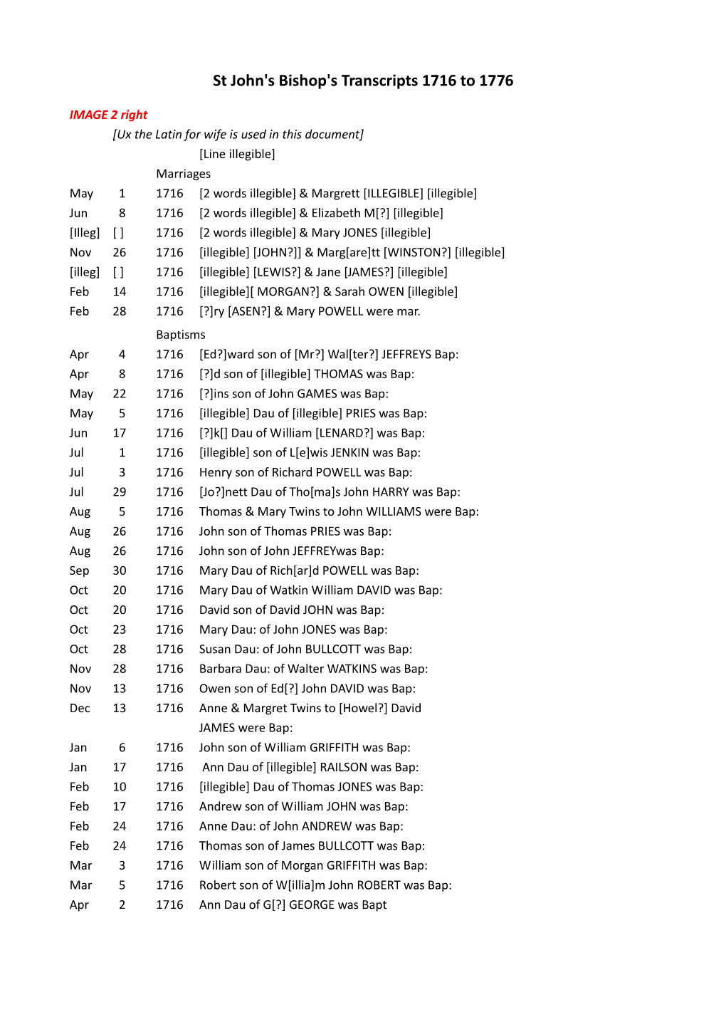 St John's Bishop's Transcripts 1716 to 1776