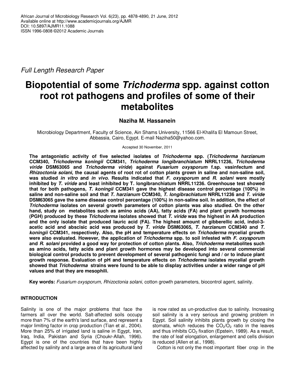Biopotential of Some Trichoderma Spp. Against Cotton Root Rot Pathogens and Profiles of Some of Their Metabolites