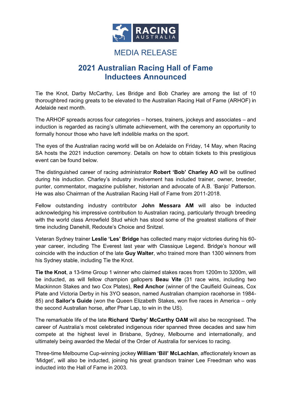 MEDIA RELEASE 2021 Australian Racing Hall of Fame Inductees Announced