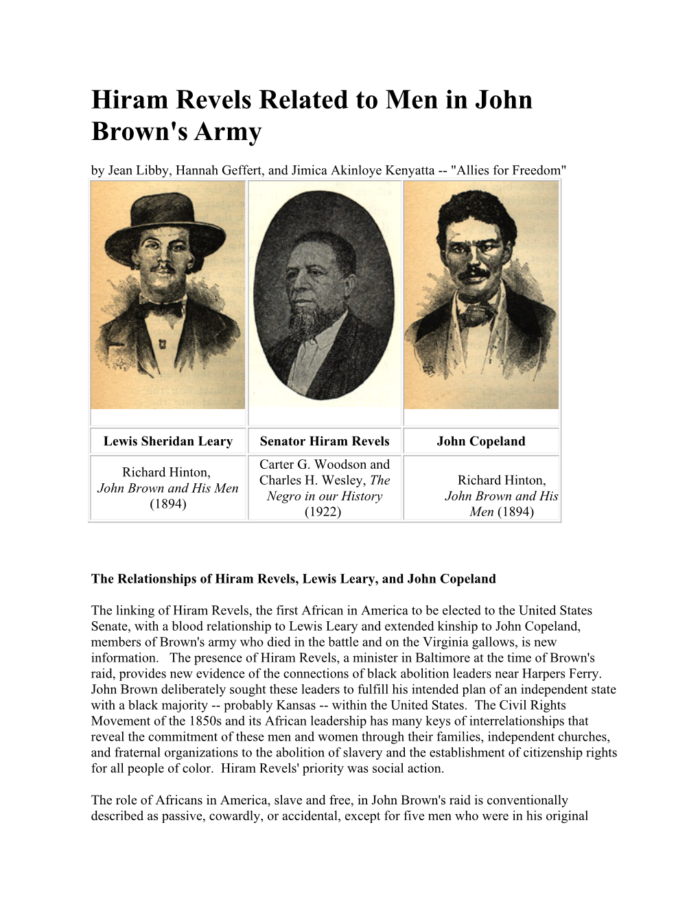Hiram Revels Related to Men in John Brown's Army by Jean Libby, Hannah Geffert, and Jimica Akinloye Kenyatta -- "Allies for Freedom"