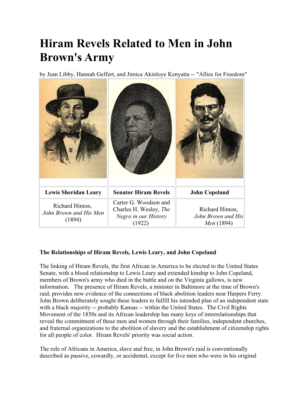 Hiram Revels Related to Men in John Brown's Army by Jean Libby, Hannah Geffert, and Jimica Akinloye Kenyatta -- 