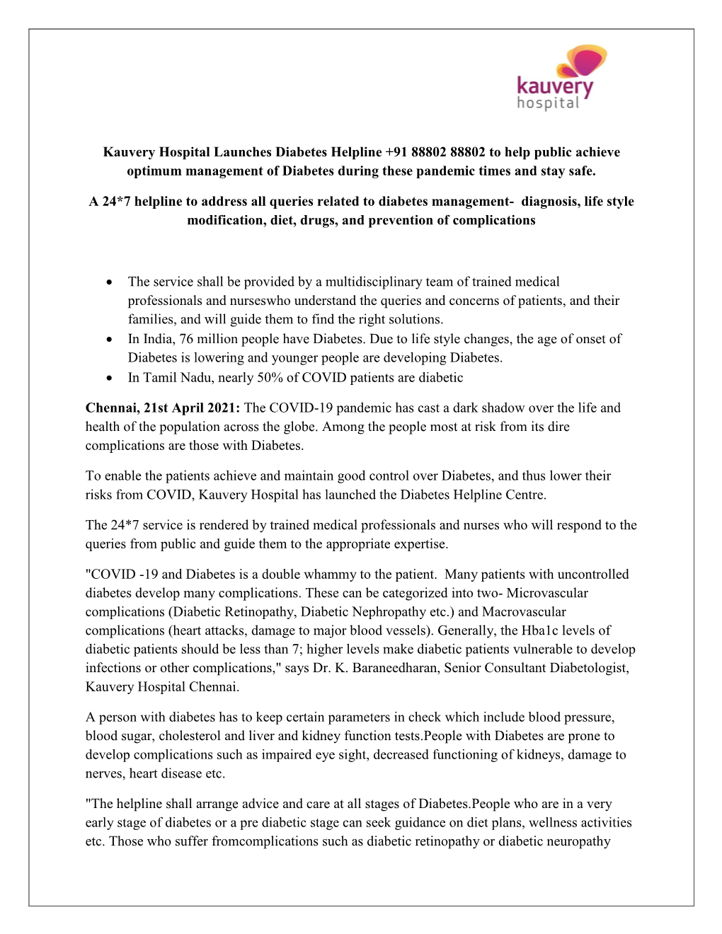 Kauvery Hospital Launches Diabetes Helpline +91 88802 88802 to Help Public Achieve Optimum Management of Diabetes During These Pandemic Times and Stay Safe